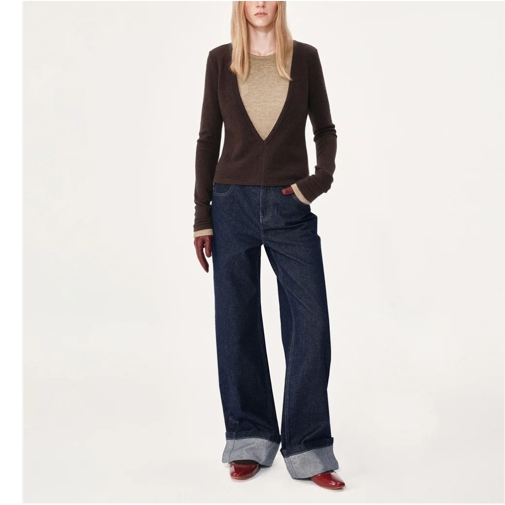 Nuth Navy Blue Cuffed Jeans Wide Leg High Rise Raw Denim N13-L109NB Waist‎ 30 M